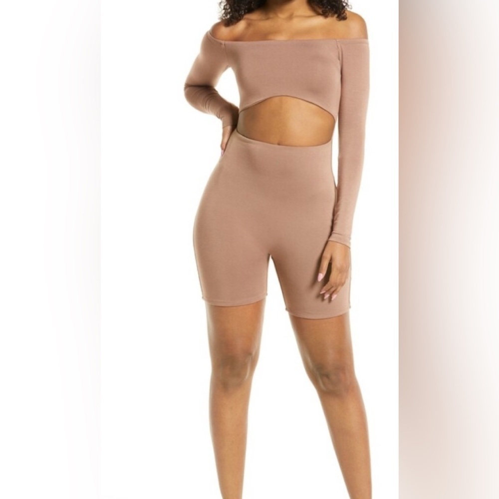 Naked Wardrobe Tan Long Sleeve Off The Shoulder Romper Size Medium